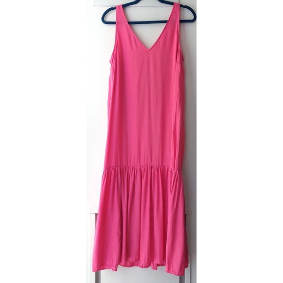 H&M Bright Barbie Pink Maxi Dress S fits like M Sleeveless VNeck with Ruffle Hem - Picture 2 of 7
